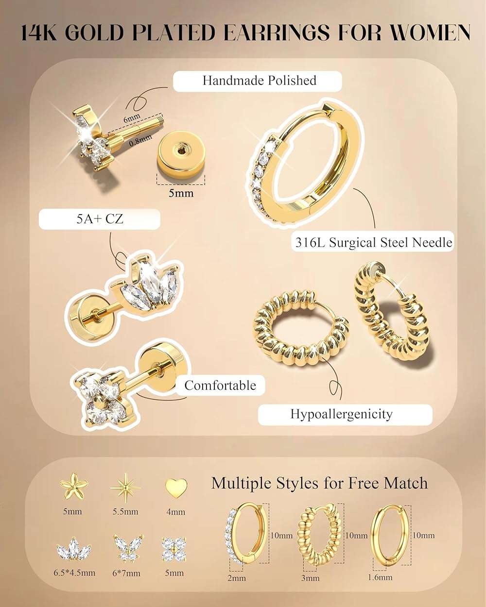 Dochais 14K Gold Plated Surgical Steel Earrings 9 Pairs Flat Back Earrings Small Cartilage Hoop Earring for Women Trendy Hypoallergenic Flatback Stud Stacks for Multiple Piercing Lightweight Jewelry - Image 4