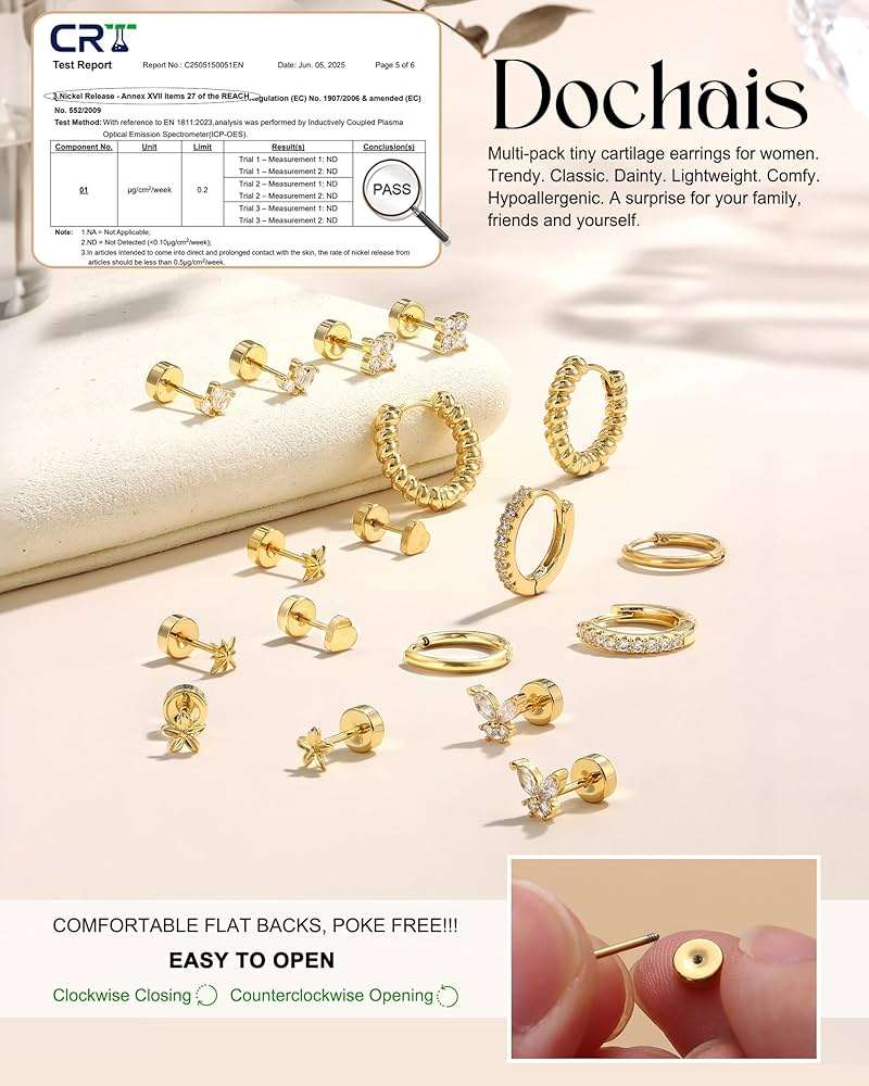 Dochais 14K Gold Plated Surgical Steel Earrings 9 Pairs Flat Back Earrings Small Cartilage Hoop Earring for Women Trendy Hypoallergenic Flatback Stud Stacks for Multiple Piercing Lightweight Jewelry - Image 6
