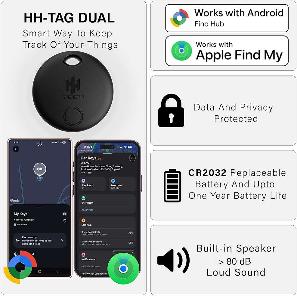 HH-Tech Dual-System Smart Tracker Tags Pack-2 (Compatible with iOS & Android), Works with Apple Find My & Google Find Hub, Bluetooth Item Finder for Keys, Wallet, Luggage, Bags, and More - Image 5