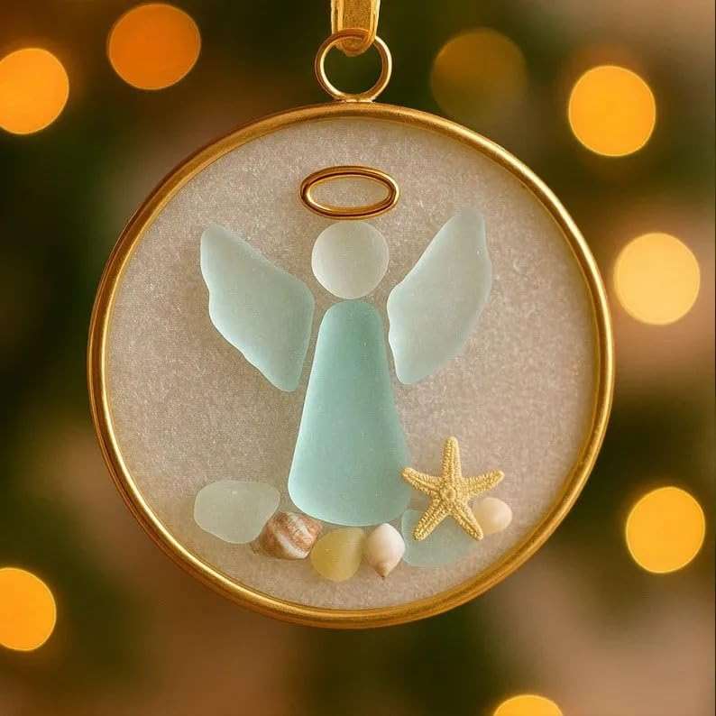 Sea Glass Angel Ornament,Sea Glass Guardian Angel Ornament Set,Clear Glass Angel Ornaments for Christmas Tree Decorations - Image 1