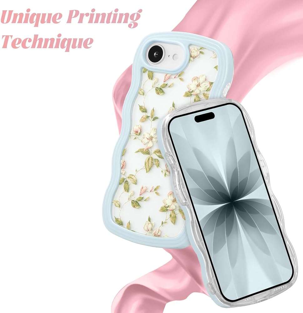 ZTOFERA Floral Case for iPhone 17E/iPhone 16E 6.1 inch,Cute Curly Wave Frame Shape Case with Green Leaf Flower Pattern for Women Girls, Clear Slim Shockproof Phone Cover, Green - Image 2
