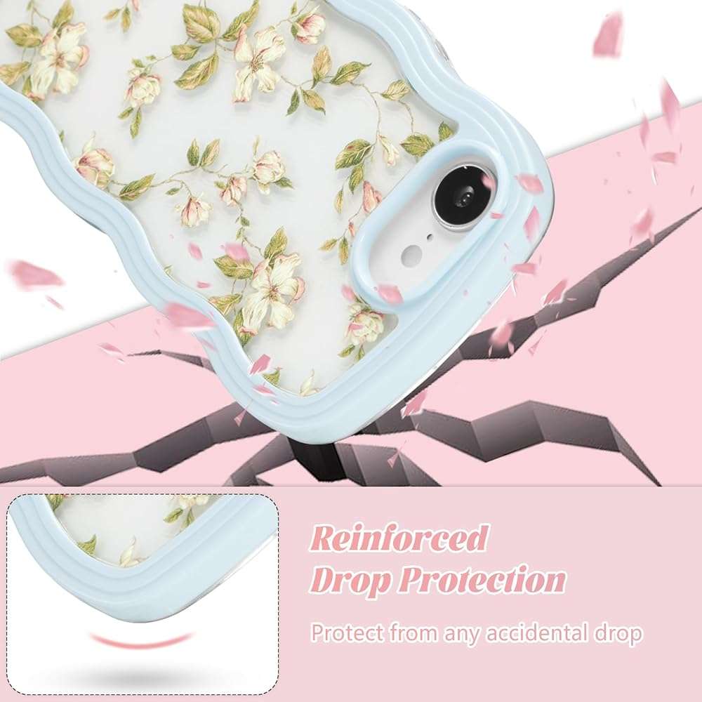 ZTOFERA Floral Case for iPhone 17E/iPhone 16E 6.1 inch,Cute Curly Wave Frame Shape Case with Green Leaf Flower Pattern for Women Girls, Clear Slim Shockproof Phone Cover, Green - Image 3