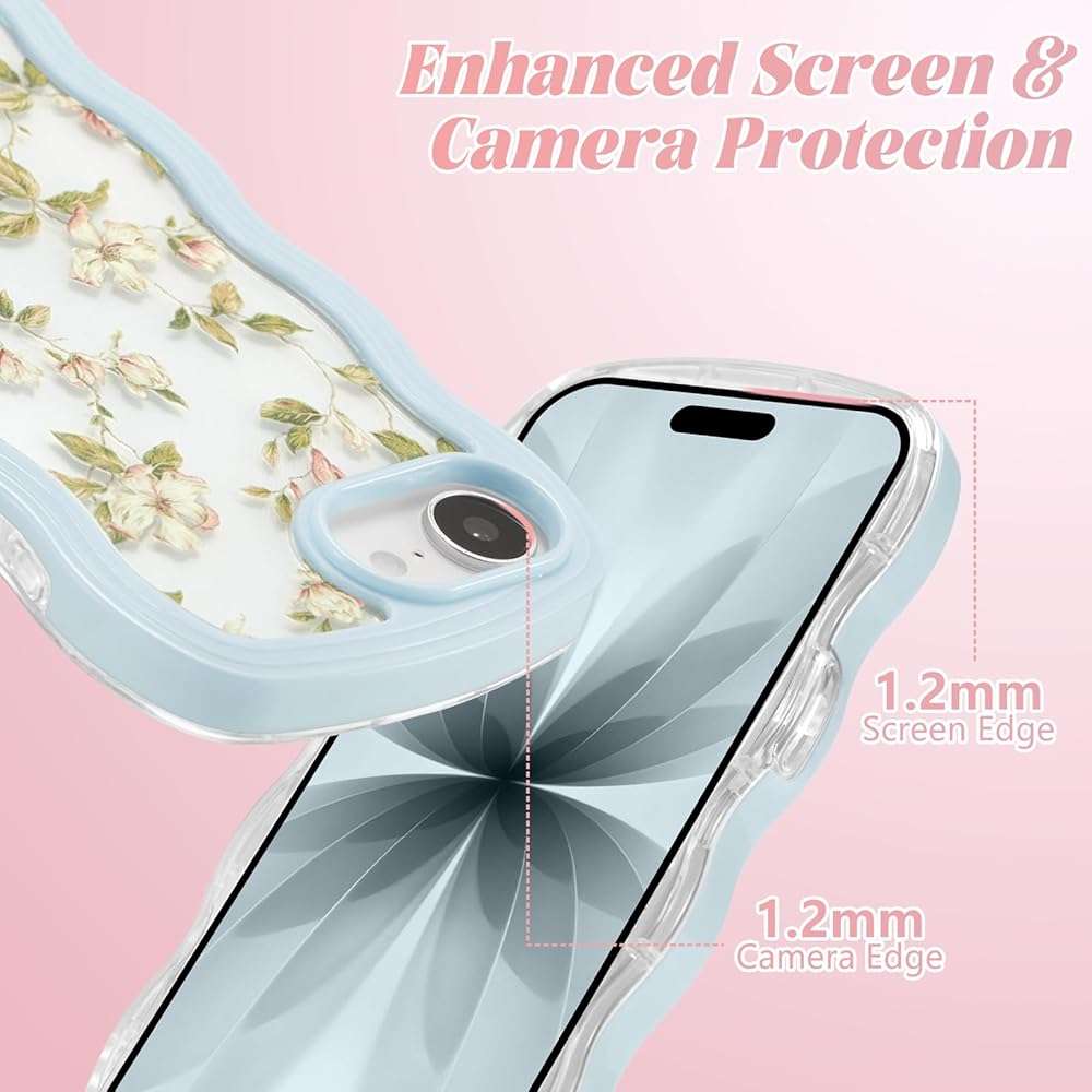 ZTOFERA Floral Case for iPhone 17E/iPhone 16E 6.1 inch,Cute Curly Wave Frame Shape Case with Green Leaf Flower Pattern for Women Girls, Clear Slim Shockproof Phone Cover, Green - Image 4