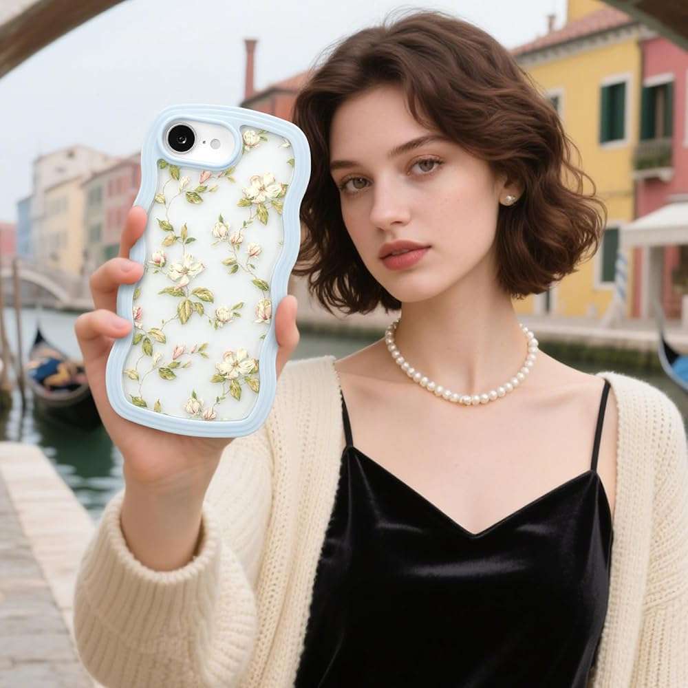 ZTOFERA Floral Case for iPhone 17E/iPhone 16E 6.1 inch,Cute Curly Wave Frame Shape Case with Green Leaf Flower Pattern for Women Girls, Clear Slim Shockproof Phone Cover, Green - Image 5
