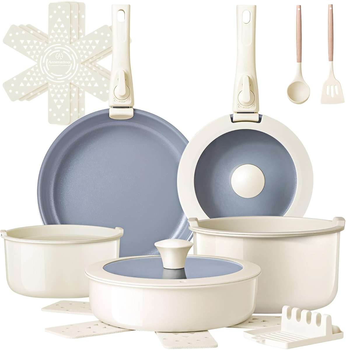 Ammeloo 18-Piece Ceramic Pots and Pans Set Non Stick, Non Toxic Cookware Set with Removable Handles, Pot Sets for Cooking, Induction Ready, Dishwasher & Oven Safe, PFAS PFOA & PTFE Free (Cream White) - Image 1
