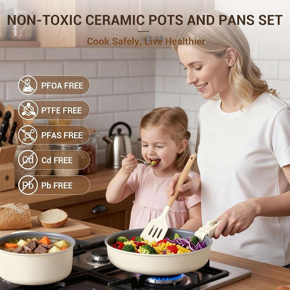 Ammeloo 18-Piece Ceramic Pots and Pans Set Non Stick, Non Toxic Cookware Set with Removable Handles, Pot Sets for Cooking, Induction Ready, Dishwasher & Oven Safe, PFAS PFOA & PTFE Free (Cream White) - Image 2
