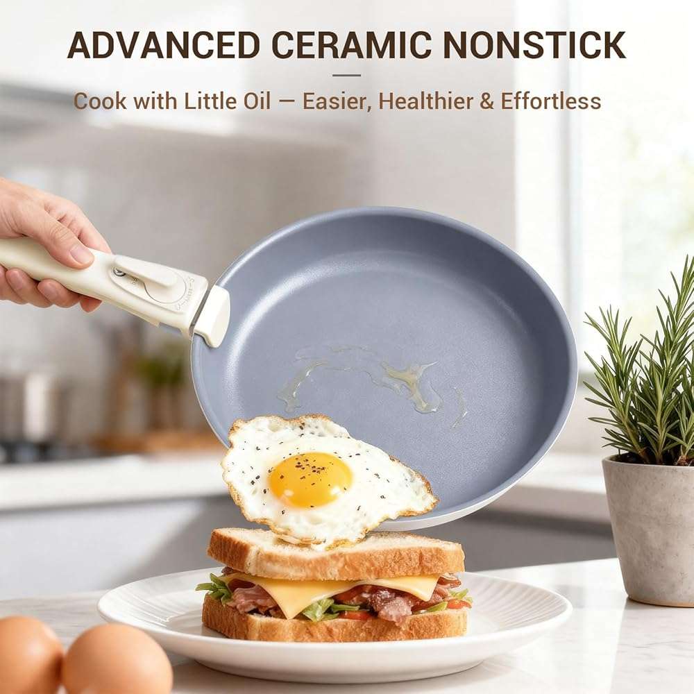 Ammeloo 18-Piece Ceramic Pots and Pans Set Non Stick, Non Toxic Cookware Set with Removable Handles, Pot Sets for Cooking, Induction Ready, Dishwasher & Oven Safe, PFAS PFOA & PTFE Free (Cream White) - Image 3