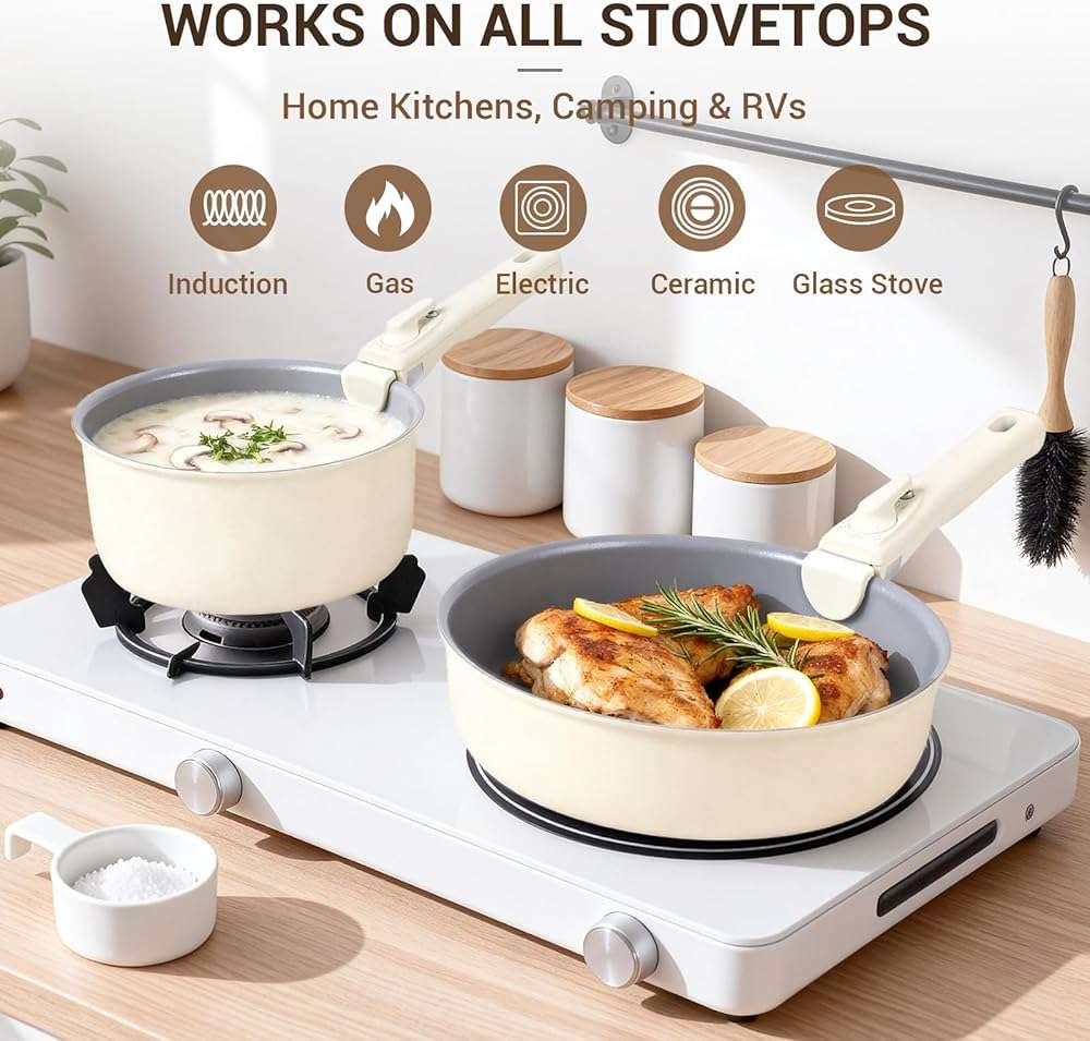 Ammeloo 18-Piece Ceramic Pots and Pans Set Non Stick, Non Toxic Cookware Set with Removable Handles, Pot Sets for Cooking, Induction Ready, Dishwasher & Oven Safe, PFAS PFOA & PTFE Free (Cream White) - Image 4