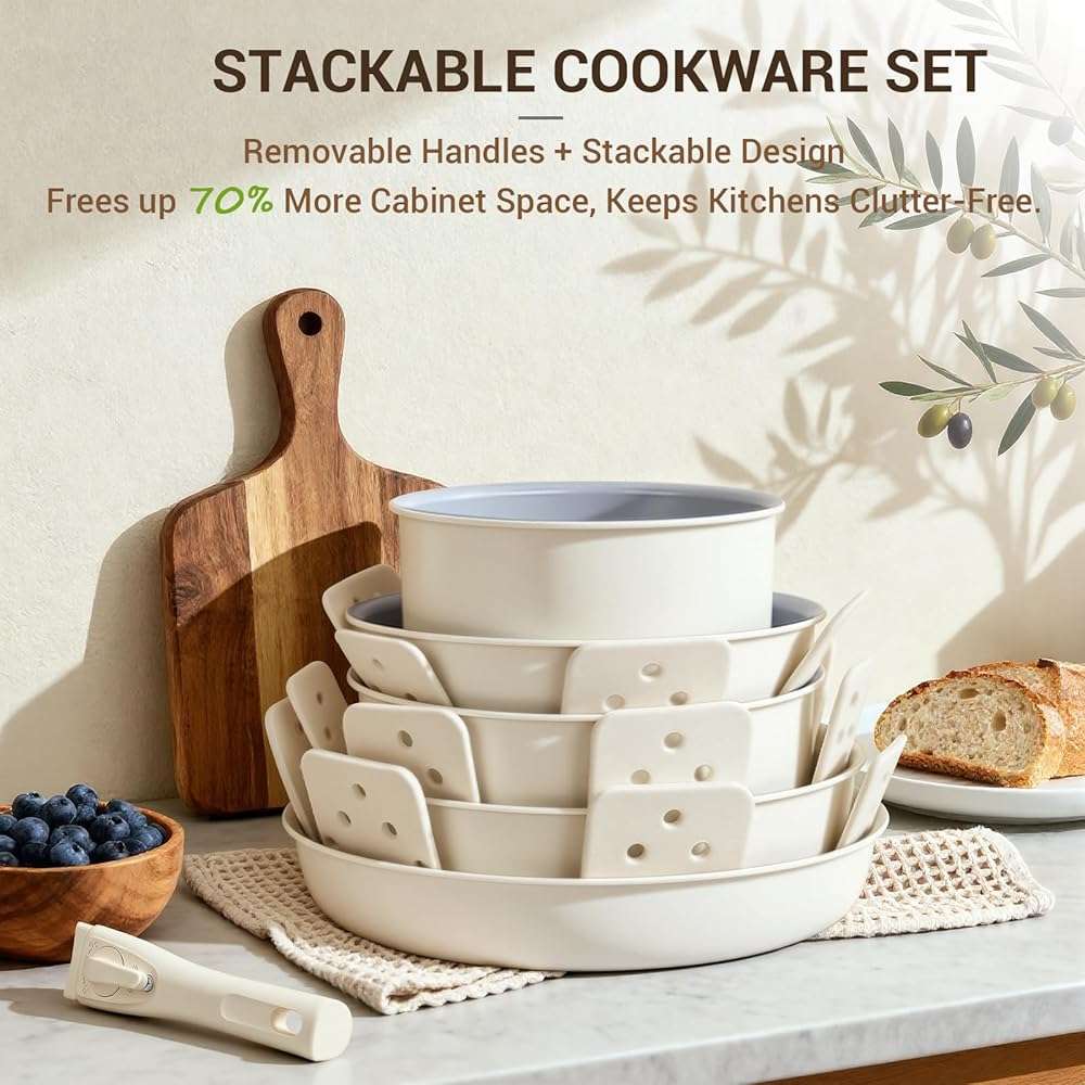 Ammeloo 18-Piece Ceramic Pots and Pans Set Non Stick, Non Toxic Cookware Set with Removable Handles, Pot Sets for Cooking, Induction Ready, Dishwasher & Oven Safe, PFAS PFOA & PTFE Free (Cream White) - Image 6
