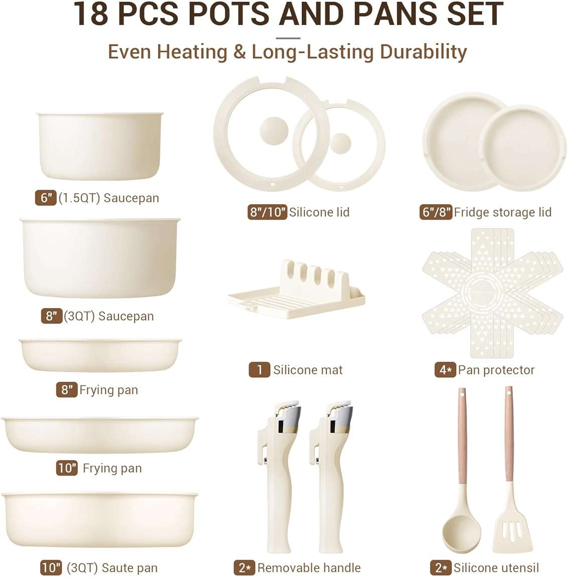 Ammeloo 18-Piece Ceramic Pots and Pans Set Non Stick, Non Toxic Cookware Set with Removable Handles, Pot Sets for Cooking, Induction Ready, Dishwasher & Oven Safe, PFAS PFOA & PTFE Free (Cream White) - Image 8