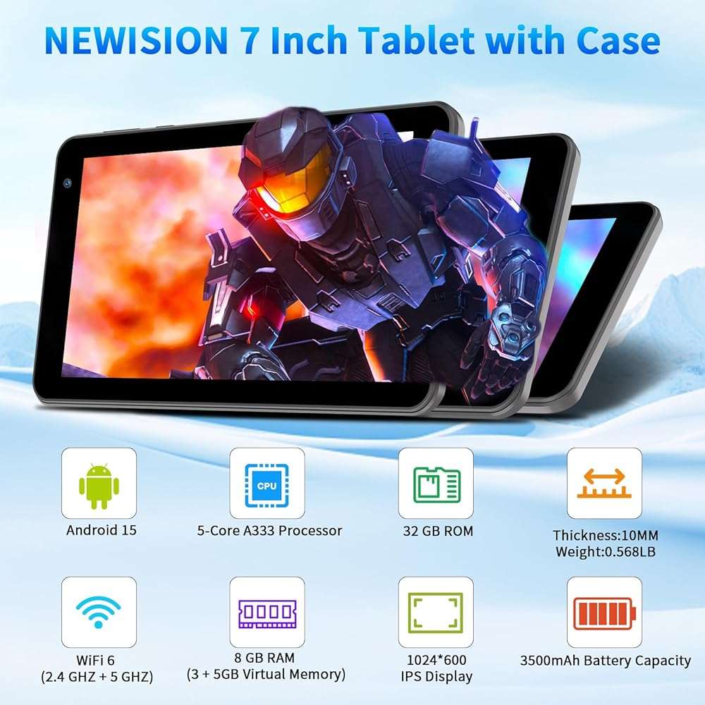 NEWISION 7 Inch Tablet with Case, Five Core Android 15 Tablets, 8GB(3GB+5GB) RAM 32GB Storage 1TB Expand, 5G WiFi,1024x600 IPS HD Display, 3500mAh,Dual Camera, Type C Tablet PC (Black) - Image 2