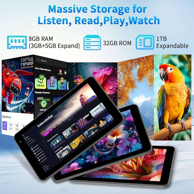 NEWISION 7 Inch Tablet with Case, Five Core Android 15 Tablets, 8GB(3GB+5GB) RAM 32GB Storage 1TB Expand, 5G WiFi,1024x600 IPS HD Display, 3500mAh,Dual Camera, Type C Tablet PC (Black) - Image 3