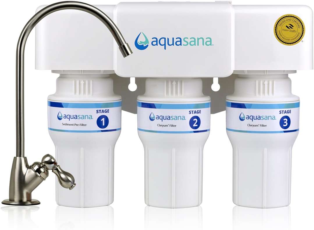 Aquasana Under Sink Water Filter | 3-Stage Filtration | Certified to Reduce up to 99.99% of PFAS, Lead, Chlorine, & More | Under Counter Drinking Water Filter | Brushed Nickel Faucet | AQ-6300-BN - Image 1