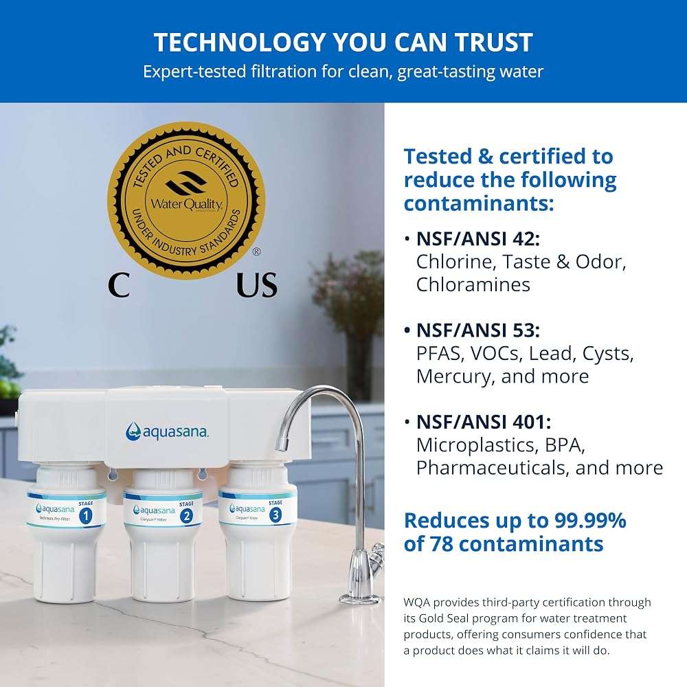 Aquasana Under Sink Water Filter | 3-Stage Filtration | Certified to Reduce up to 99.99% of PFAS, Lead, Chlorine, & More | Under Counter Drinking Water Filter | Brushed Nickel Faucet | AQ-6300-BN - Image 4
