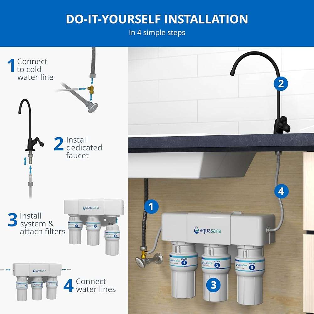 Aquasana Under Sink Water Filter | 3-Stage Filtration | Certified to Reduce up to 99.99% of PFAS, Lead, Chlorine, & More | Under Counter Drinking Water Filter | Brushed Nickel Faucet | AQ-6300-BN - Image 7