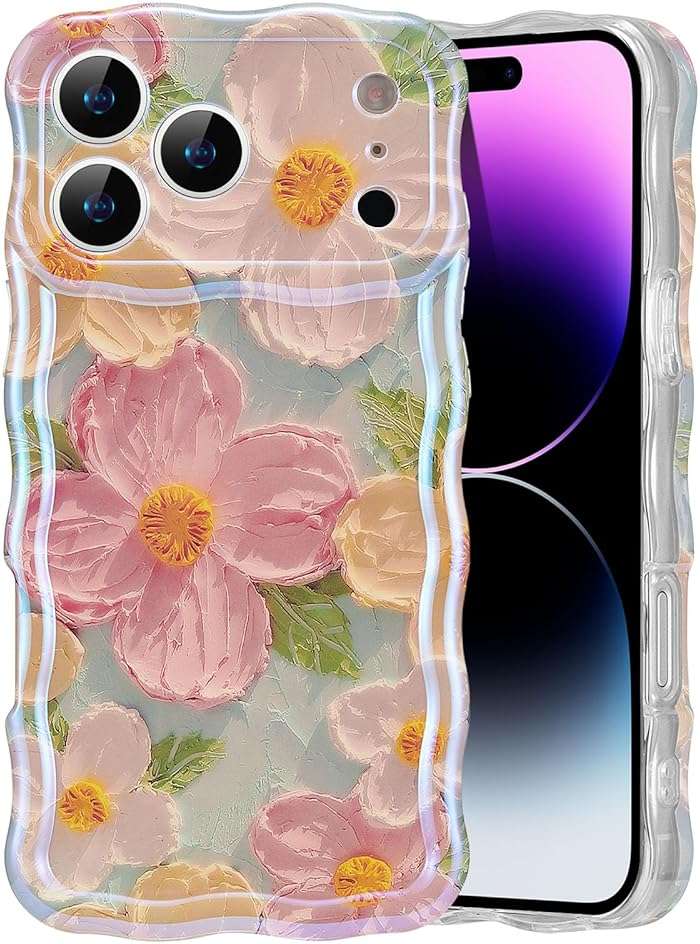 EYZUTAK Case for iPhone 17 Pro Max, Colorful Retro Oil Painting Printed Flower Laser Glossy Pattern Cute Curly Wave Edge Exquisite Phone Cover Stylish Durable TPU Protective Case for Girl Women-Green - Image 1