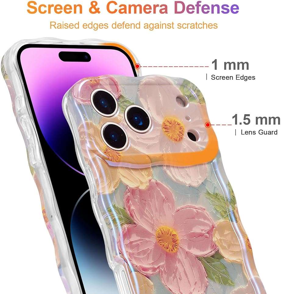 EYZUTAK Case for iPhone 17 Pro Max, Colorful Retro Oil Painting Printed Flower Laser Glossy Pattern Cute Curly Wave Edge Exquisite Phone Cover Stylish Durable TPU Protective Case for Girl Women-Green - Image 4