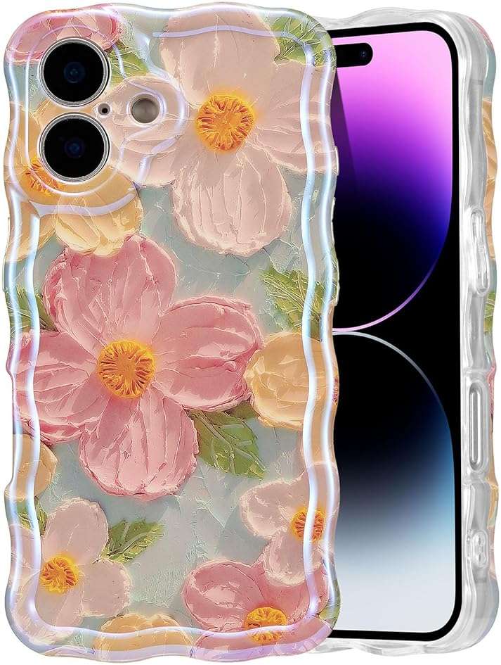 EYZUTAK Case for iPhone 17, Colorful Retro Oil Painting Printed Flower Laser Glossy Pattern Cute Curly Wave Edge Exquisite Phone Cover Stylish Durable TPU Protective Case for Girl Women-Green - Image 1