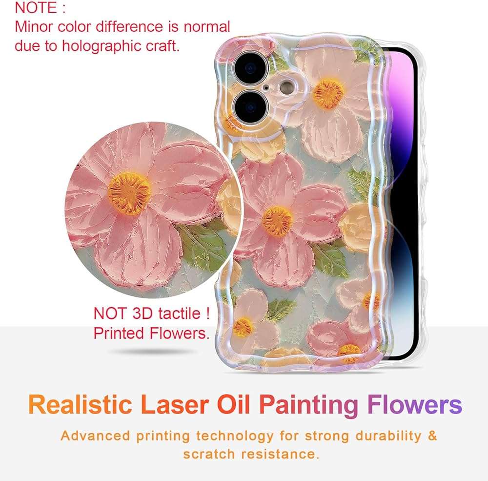 EYZUTAK Case for iPhone 17, Colorful Retro Oil Painting Printed Flower Laser Glossy Pattern Cute Curly Wave Edge Exquisite Phone Cover Stylish Durable TPU Protective Case for Girl Women-Green - Image 2