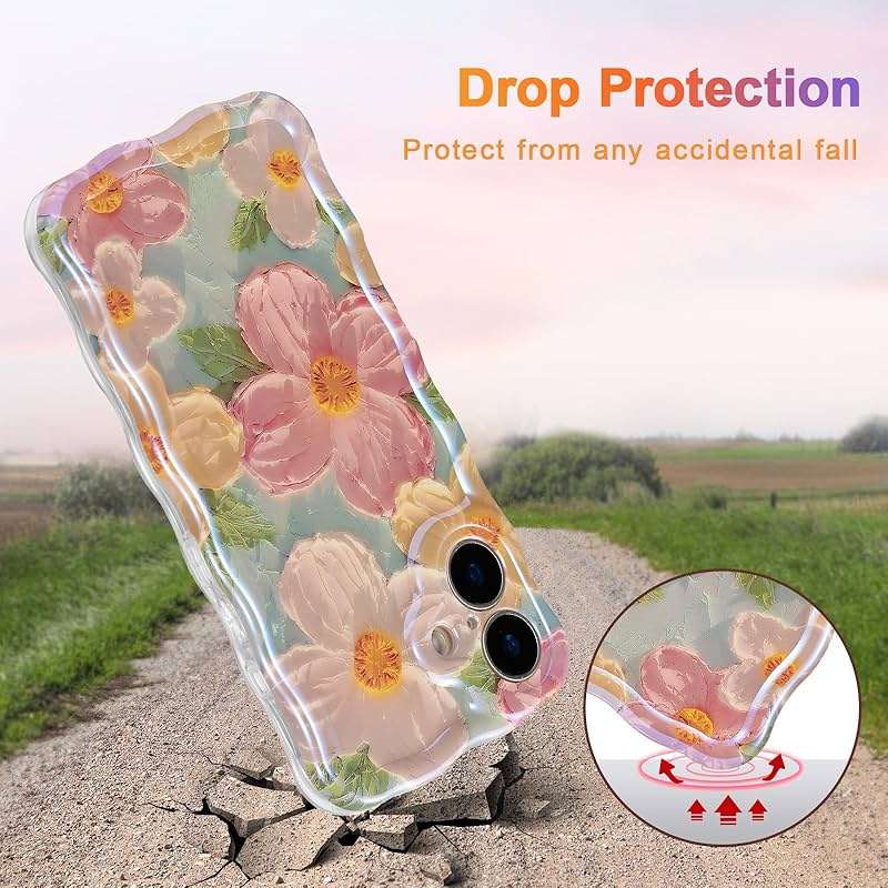 EYZUTAK Case for iPhone 17, Colorful Retro Oil Painting Printed Flower Laser Glossy Pattern Cute Curly Wave Edge Exquisite Phone Cover Stylish Durable TPU Protective Case for Girl Women-Green - Image 3