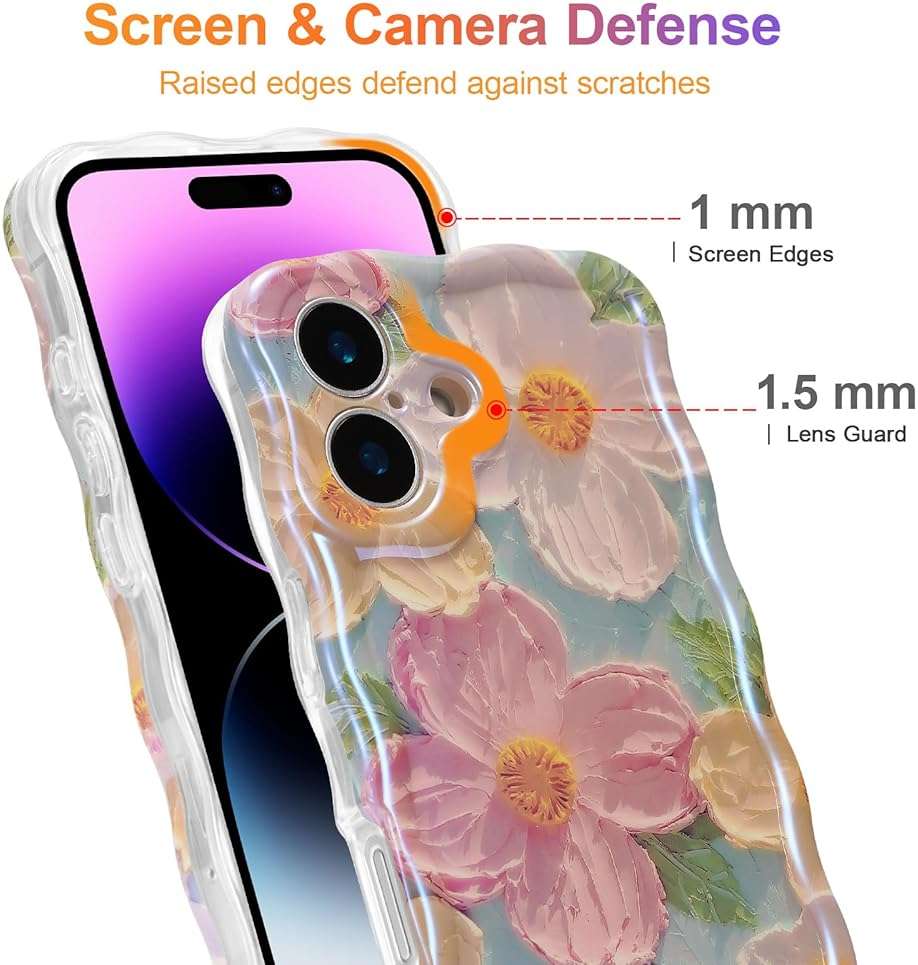 EYZUTAK Case for iPhone 17, Colorful Retro Oil Painting Printed Flower Laser Glossy Pattern Cute Curly Wave Edge Exquisite Phone Cover Stylish Durable TPU Protective Case for Girl Women-Green - Image 4