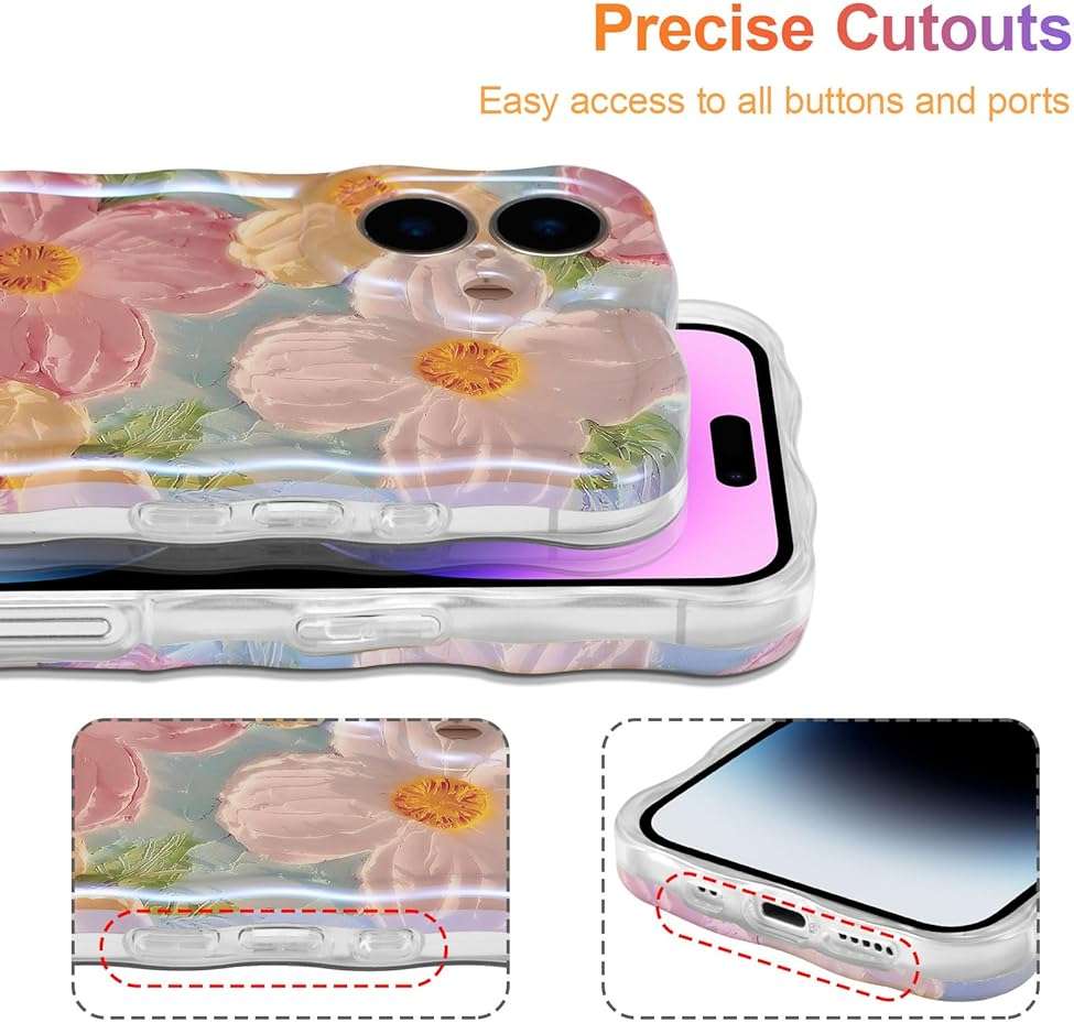 EYZUTAK Case for iPhone 17, Colorful Retro Oil Painting Printed Flower Laser Glossy Pattern Cute Curly Wave Edge Exquisite Phone Cover Stylish Durable TPU Protective Case for Girl Women-Green - Image 5