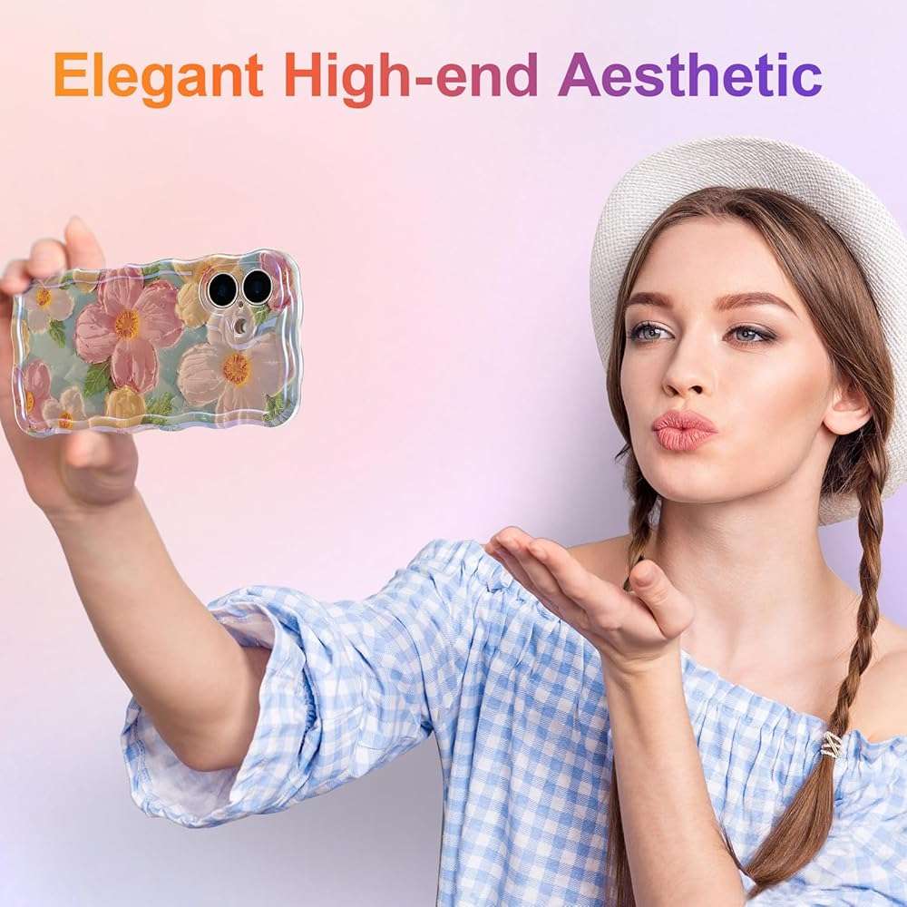 EYZUTAK Case for iPhone 17, Colorful Retro Oil Painting Printed Flower Laser Glossy Pattern Cute Curly Wave Edge Exquisite Phone Cover Stylish Durable TPU Protective Case for Girl Women-Green - Image 7
