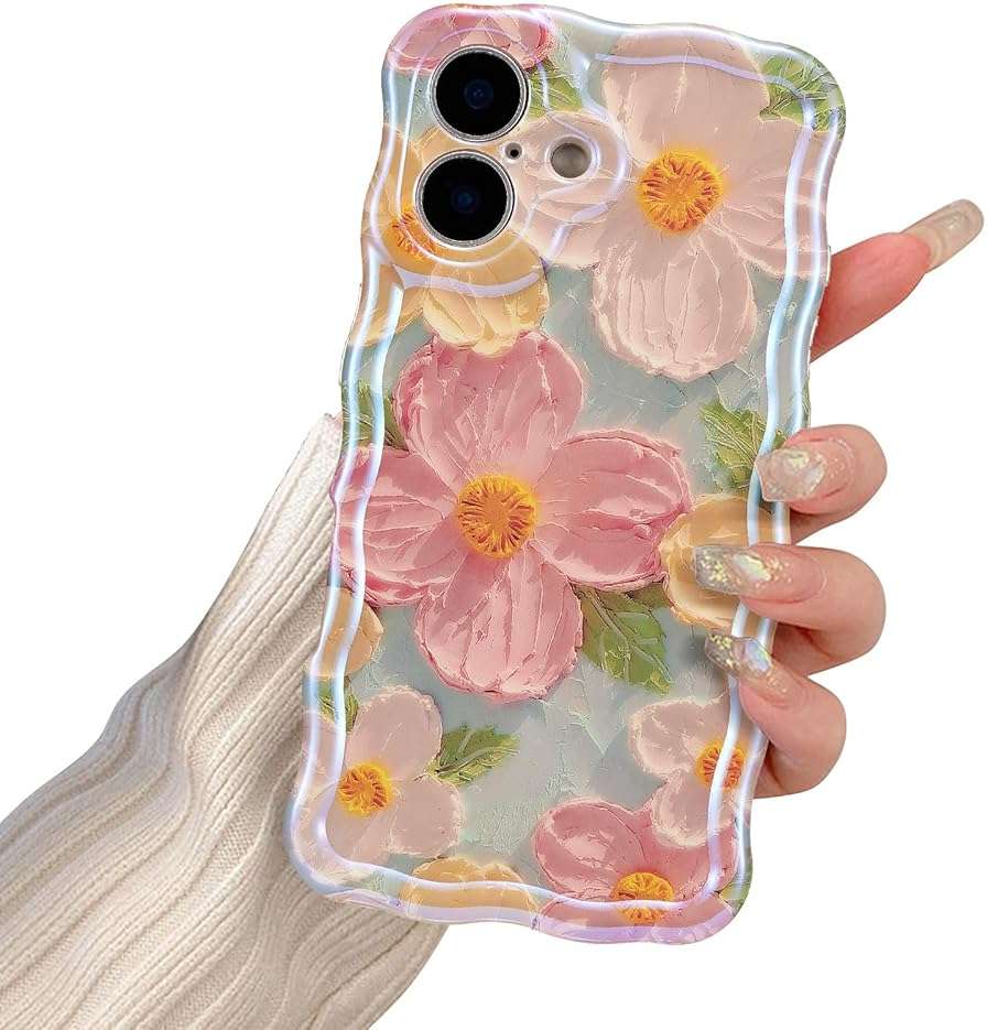 EYZUTAK Case for iPhone 17, Colorful Retro Oil Painting Printed Flower Laser Glossy Pattern Cute Curly Wave Edge Exquisite Phone Cover Stylish Durable TPU Protective Case for Girl Women-Green - Image 9