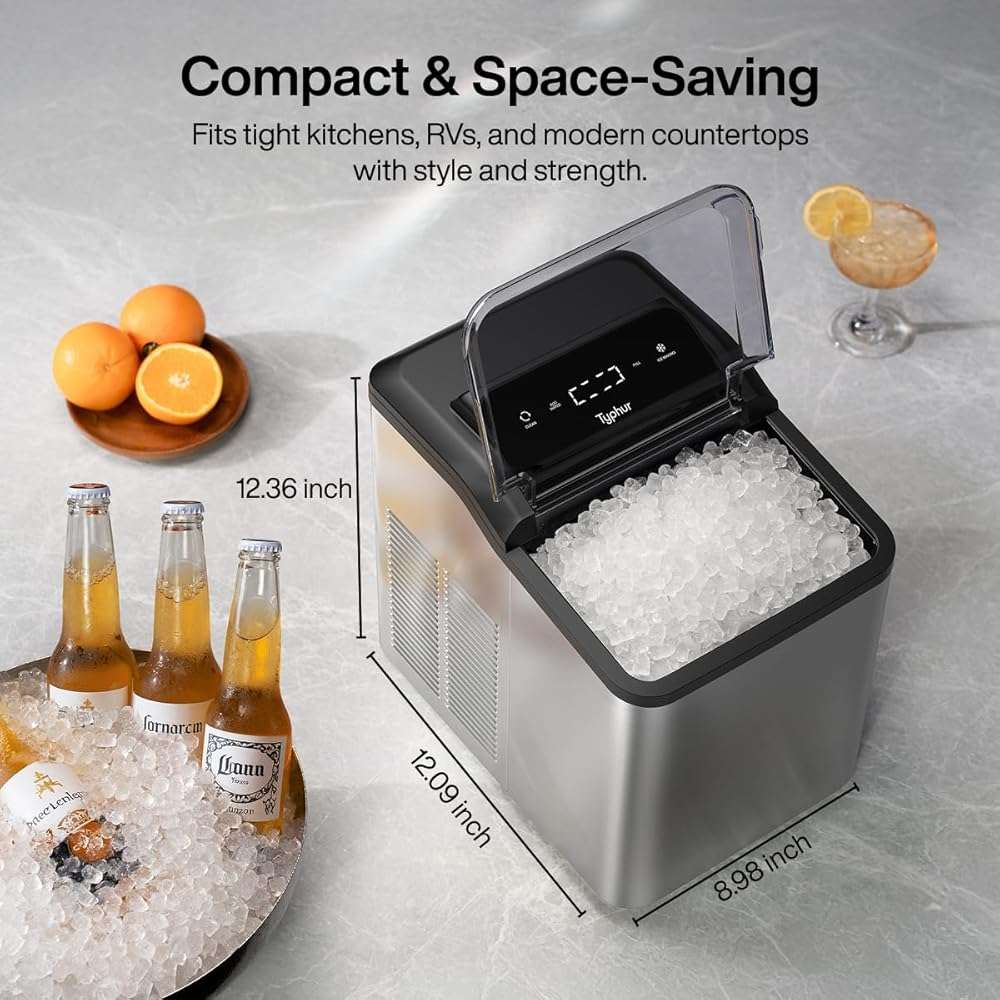 Typhur Fast Nugget Ice Maker Countertop with Self-Cleaning Pump, 35lbs/24H Crushed Pebble Ice Machine with Pellet Ice, 8 Packs Cleaner, Dual Ice Scoops for Home, Kitchen, Party, RV, Stainless Steel - Image 2