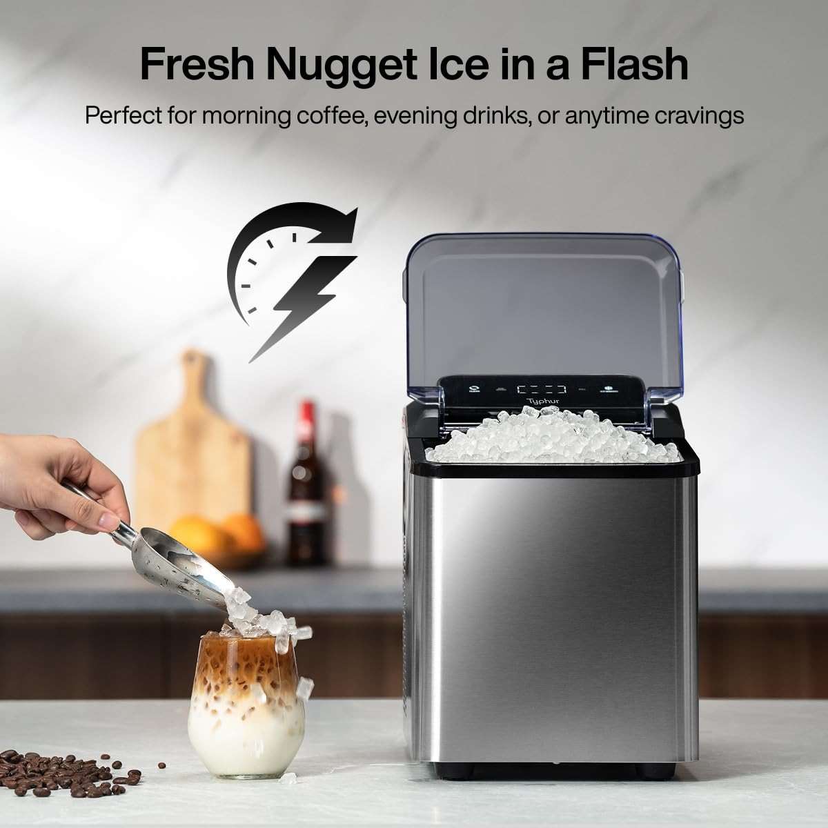Typhur Fast Nugget Ice Maker Countertop with Self-Cleaning Pump, 35lbs/24H Crushed Pebble Ice Machine with Pellet Ice, 8 Packs Cleaner, Dual Ice Scoops for Home, Kitchen, Party, RV, Stainless Steel - Image 4