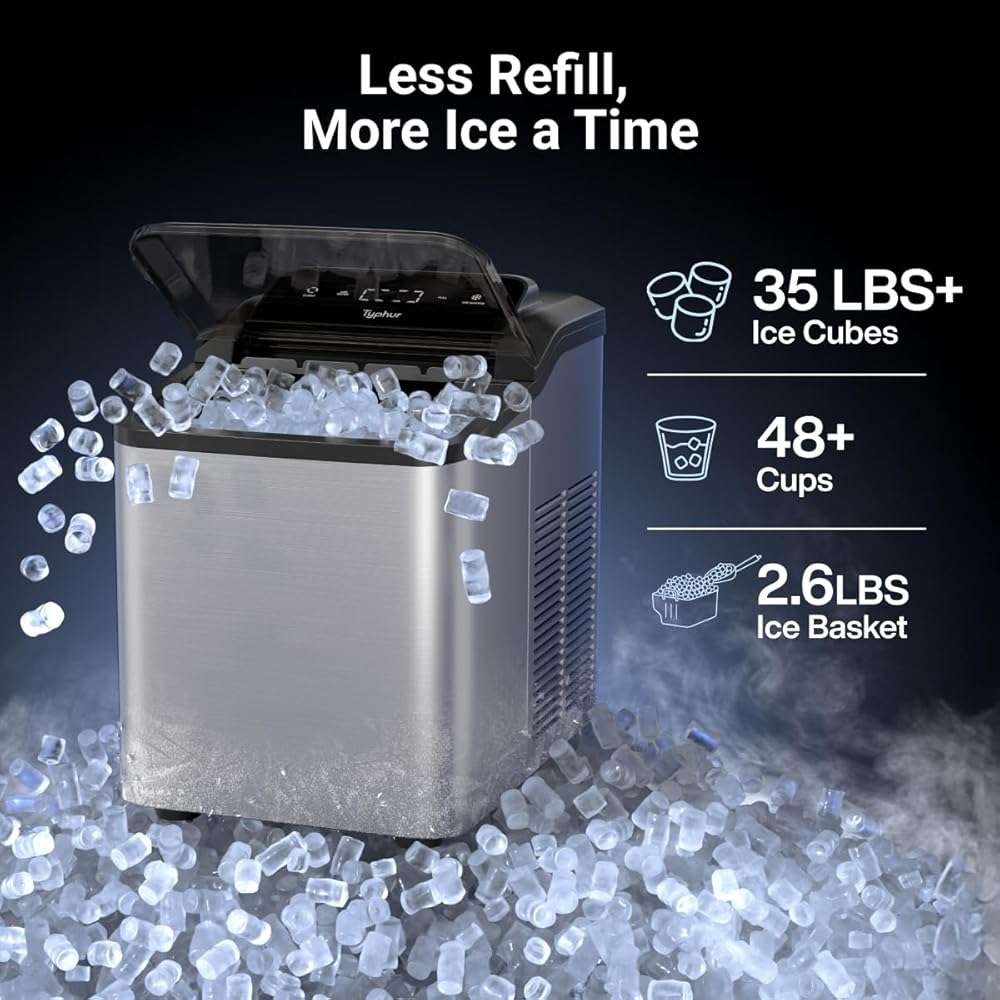 Typhur Fast Nugget Ice Maker Countertop with Self-Cleaning Pump, 35lbs/24H Crushed Pebble Ice Machine with Pellet Ice, 8 Packs Cleaner, Dual Ice Scoops for Home, Kitchen, Party, RV, Stainless Steel - Image 5