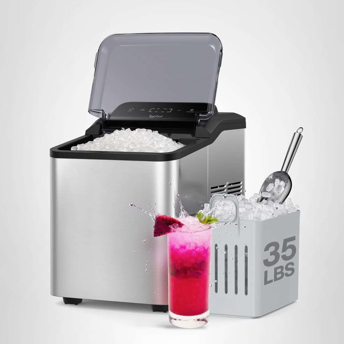 Typhur Fast Nugget Ice Maker Countertop with Self-Cleaning Pump, 35lbs/24H Crushed Pebble Ice Machine with Pellet Ice, 8 Packs Cleaner, Dual Ice Scoops for Home, Kitchen, Party, RV, Stainless Steel - Image 9