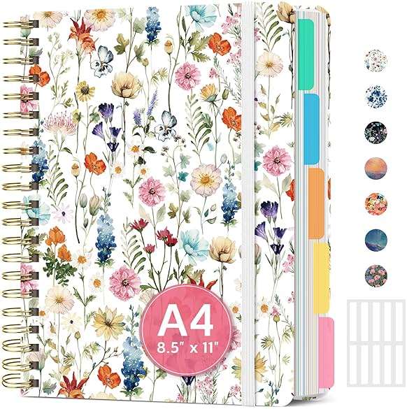 Large Spiral Lined Notebooks for Work with Removable Dividers & Tabs, 8.5"x11" Pretty Hardcover 5 Subject Notebook Journal for Women, College Ruled, Perfect for Study & Office Organization, 280 Pages,Wildflowers - Image 1