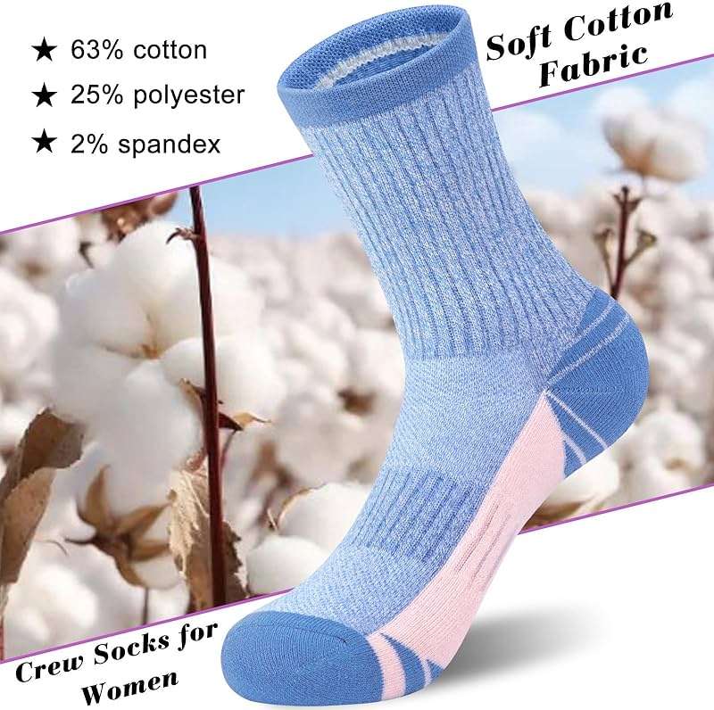 SEEKSOCK 6 Pairs Crew Socks for Women Hiking Athletic Running Cushioned Compression Breathable Cotton Socks - Image 5