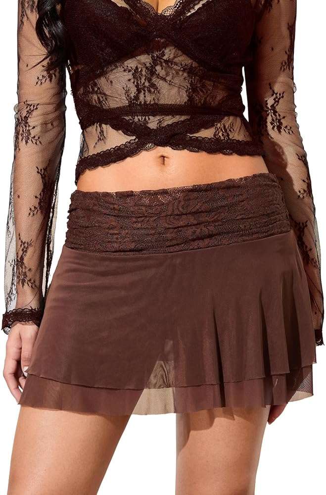 Mxiqqpltky Lace Mini Skirts for Women Low Waisted Lace Mesh Skirt Flowy Layered Ruched Y2k Skirts Coquette Streetwear - Image 1