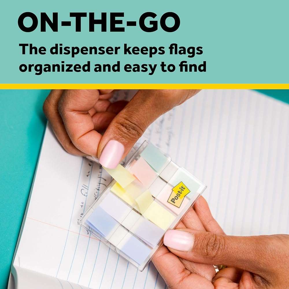 Post-it Flags, 0.47 in. x 1.7 in., One Dispenser with 100 -Count Assorted Pastel Colors Sticky Tabs Per Dispenser, Removable Page Markers for Planners, Journals, and Calendars (100 Flags Total) - Image 6