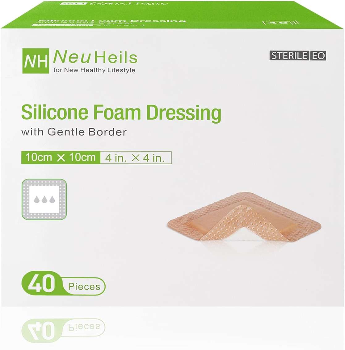 NeuHeils Silicone Foam Dressing with Gentle Border 4''x4'', 40 Pack - High Absorbency Waterproof Wound Bandage for Bed Sores, Leg Ulcers & Surgical Wounds - Image 1