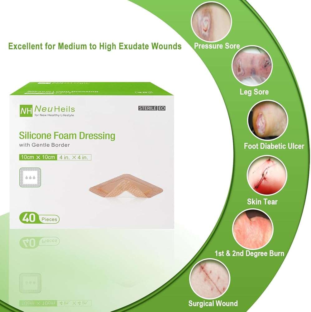 NeuHeils Silicone Foam Dressing with Gentle Border 4''x4'', 40 Pack - High Absorbency Waterproof Wound Bandage for Bed Sores, Leg Ulcers & Surgical Wounds - Image 2