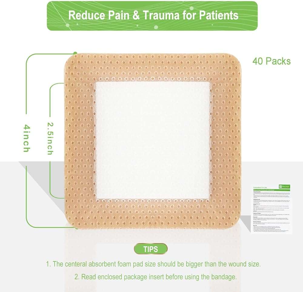 NeuHeils Silicone Foam Dressing with Gentle Border 4''x4'', 40 Pack - High Absorbency Waterproof Wound Bandage for Bed Sores, Leg Ulcers & Surgical Wounds - Image 7