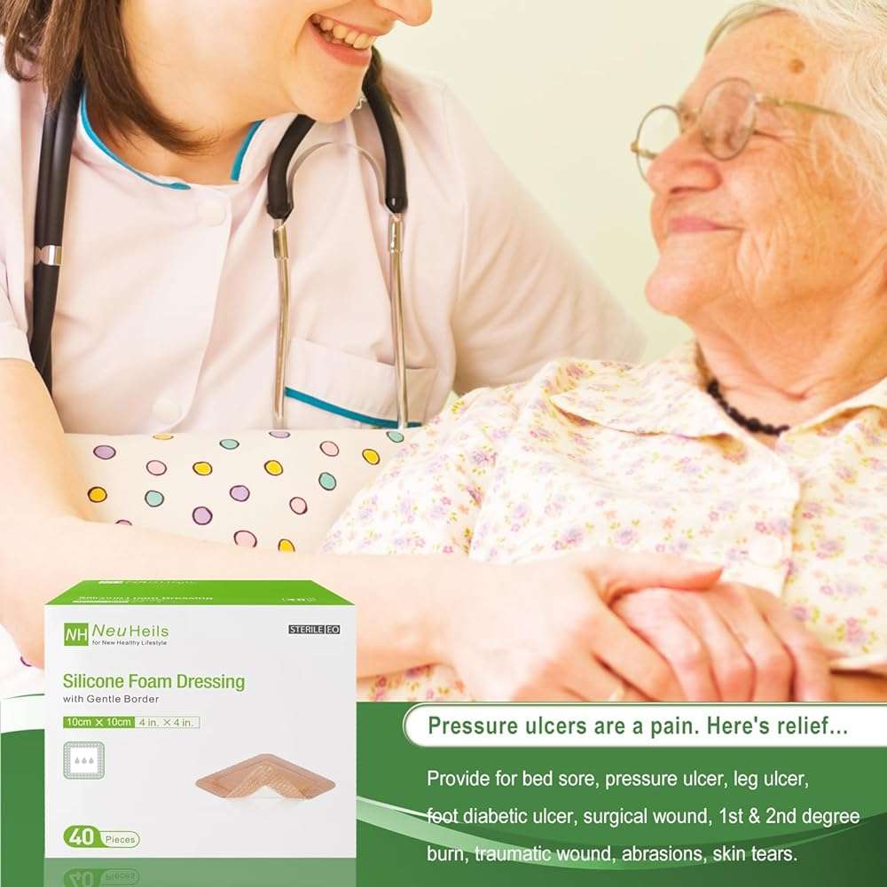 NeuHeils Silicone Foam Dressing with Gentle Border 4''x4'', 40 Pack - High Absorbency Waterproof Wound Bandage for Bed Sores, Leg Ulcers & Surgical Wounds - Image 8