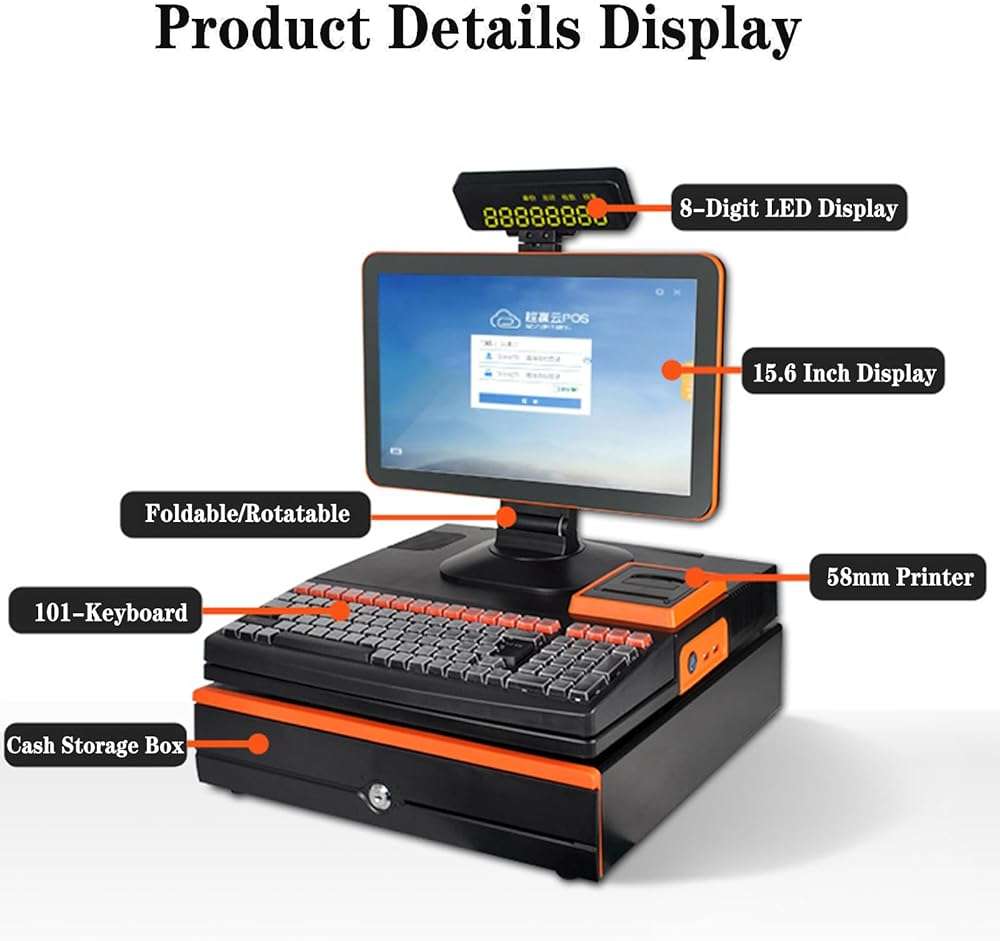 HNBYLMM Cash Register with Pos System, All-in-One Smart Cash Register for Small Businesses, with 15.6" Touch Screen Monitor, Dual-core I5 CPU, Cash Drawer, 58mm Printer, Barcode Scanner, Touchscreen - Image 3