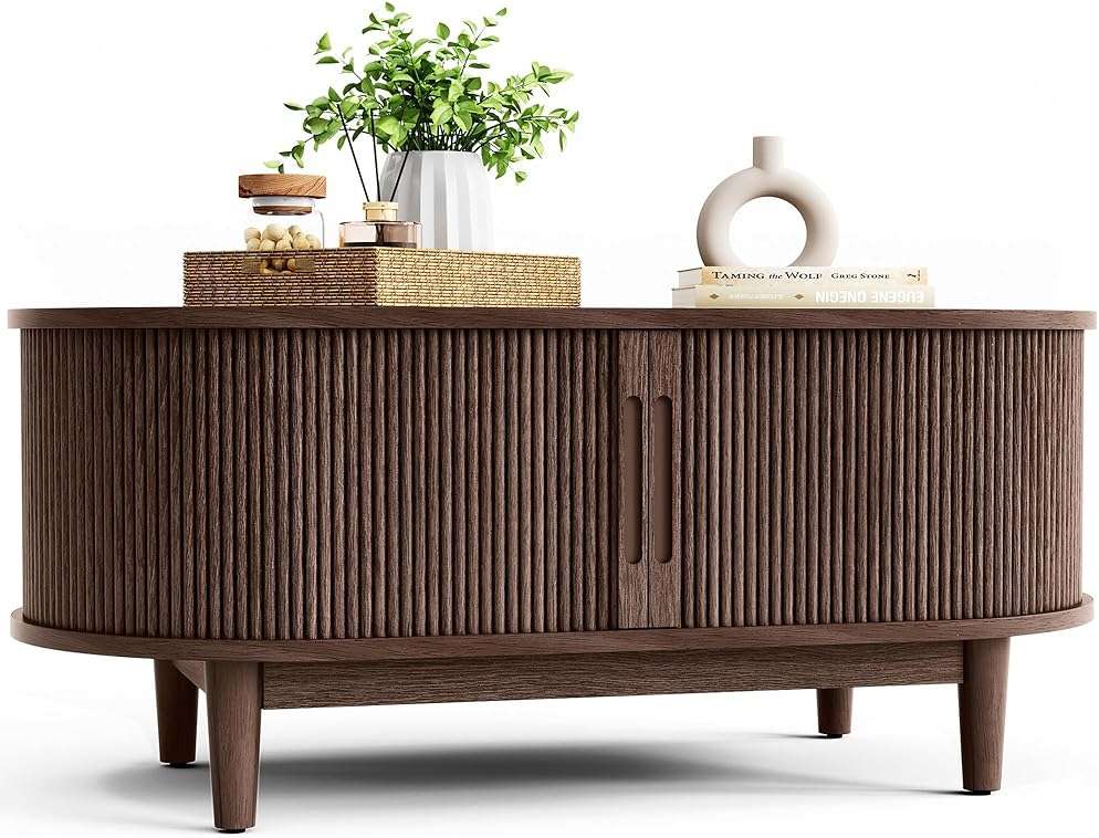 LINSY HOME Oval Coffee Table, Wood Coffee Table with Storage, Fluted Accent Center Table with Sliding Tambour Door, 39" Mid Century Modern Coffee Tables for Living Room, Bedroom, Apartment, Walnut - Image 1