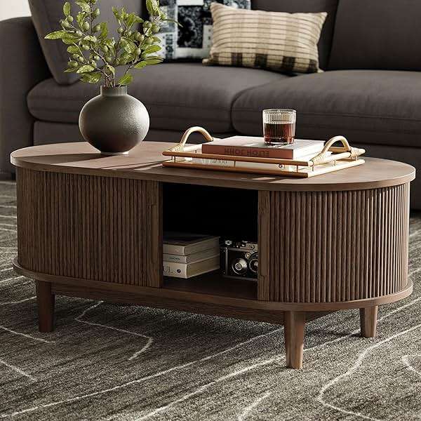 LINSY HOME Oval Coffee Table, Wood Coffee Table with Storage, Fluted Accent Center Table with Sliding Tambour Door, 39" Mid Century Modern Coffee Tables for Living Room, Bedroom, Apartment, Walnut - Image 2