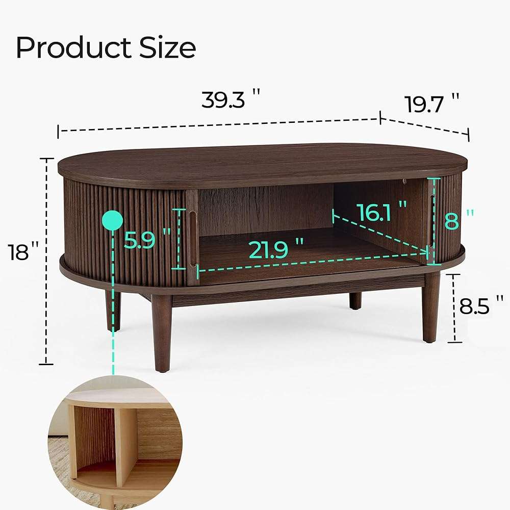 LINSY HOME Oval Coffee Table, Wood Coffee Table with Storage, Fluted Accent Center Table with Sliding Tambour Door, 39" Mid Century Modern Coffee Tables for Living Room, Bedroom, Apartment, Walnut - Image 3