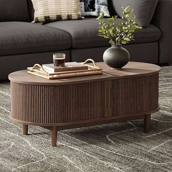 LINSY HOME Oval Coffee Table, Wood Coffee Table with Storage, Fluted Accent Center Table with Sliding Tambour Door, 39" Mid Century Modern Coffee Tables for Living Room, Bedroom, Apartment, Walnut - Image 4