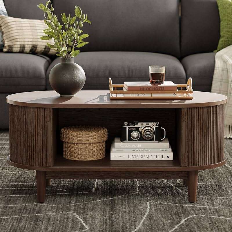 LINSY HOME Oval Coffee Table, Wood Coffee Table with Storage, Fluted Accent Center Table with Sliding Tambour Door, 39" Mid Century Modern Coffee Tables for Living Room, Bedroom, Apartment, Walnut - Image 5
