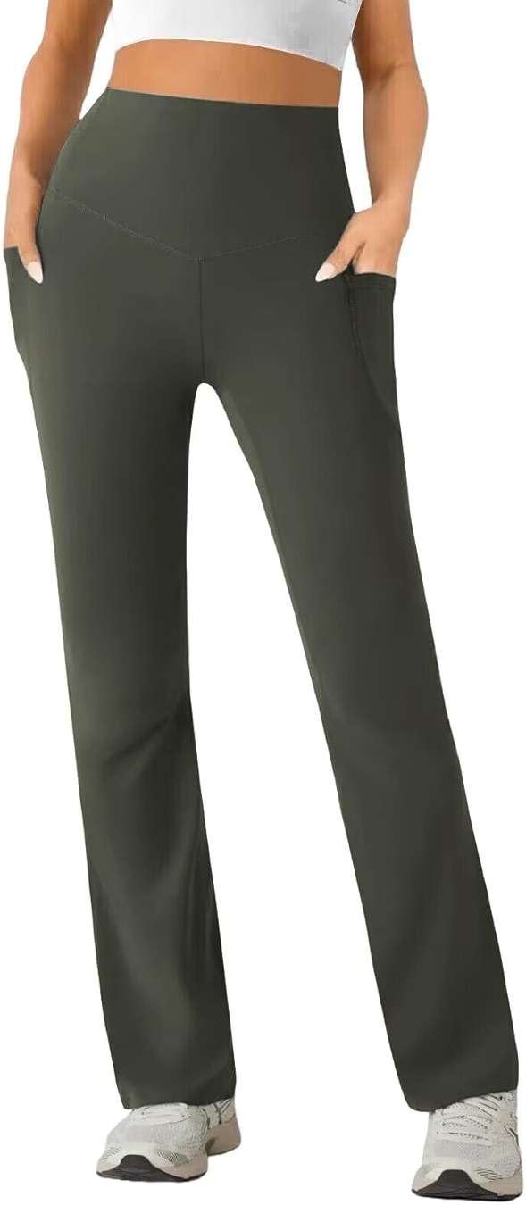 SEAJOJO Womens High Waist Yoga Pants Stretchy Casual Trousers Straight Leg Pull On Side Pockets - Image 1