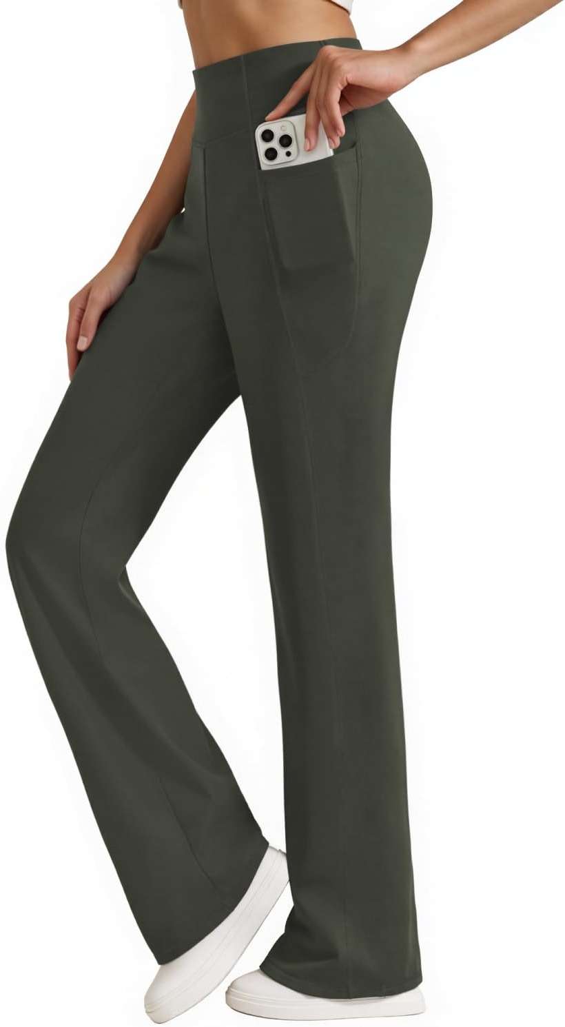 SEAJOJO Womens High Waist Yoga Pants Stretchy Casual Trousers Straight Leg Pull On Side Pockets - Image 2