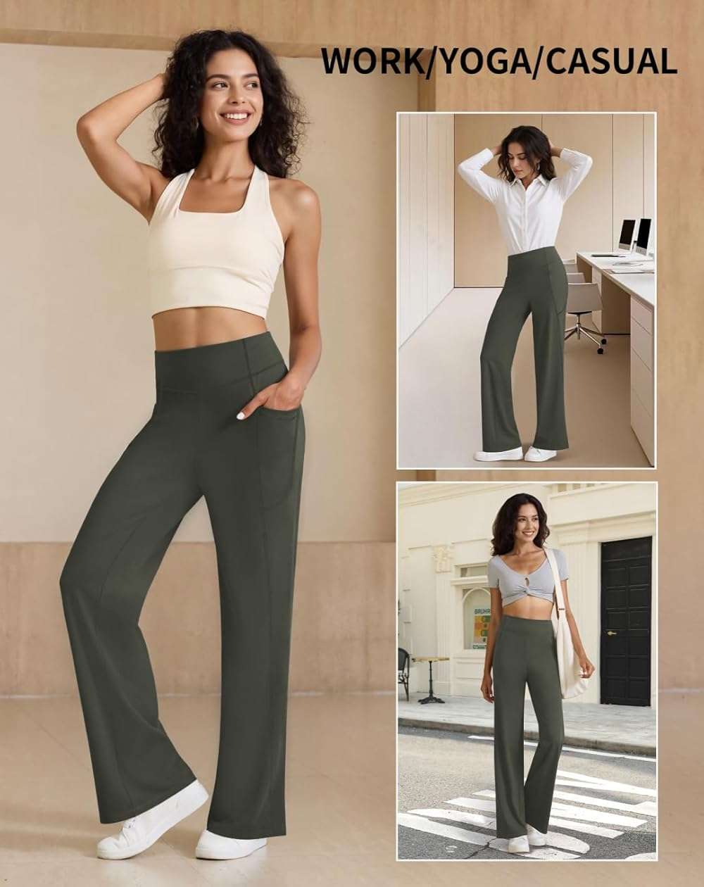 SEAJOJO Womens High Waist Yoga Pants Stretchy Casual Trousers Straight Leg Pull On Side Pockets - Image 5