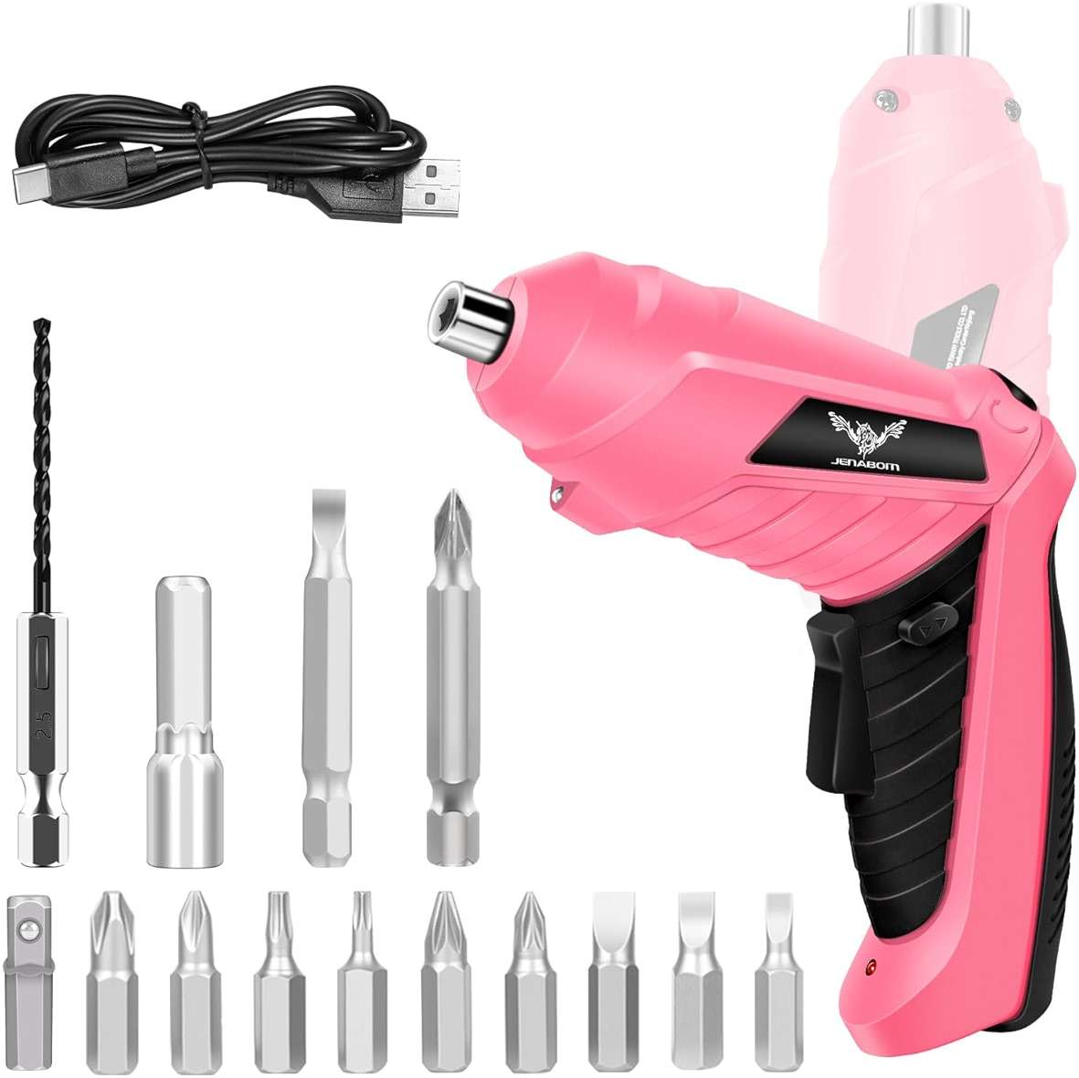 JENABOM 14-in-1 3.6V Pink USB Rechargeable Electric Screwdriver Set | Cordless Power Screwdriver with Bits, Ideal for Electronics Repair, Furniture Assembly & Household DIY Projects - Image 1
